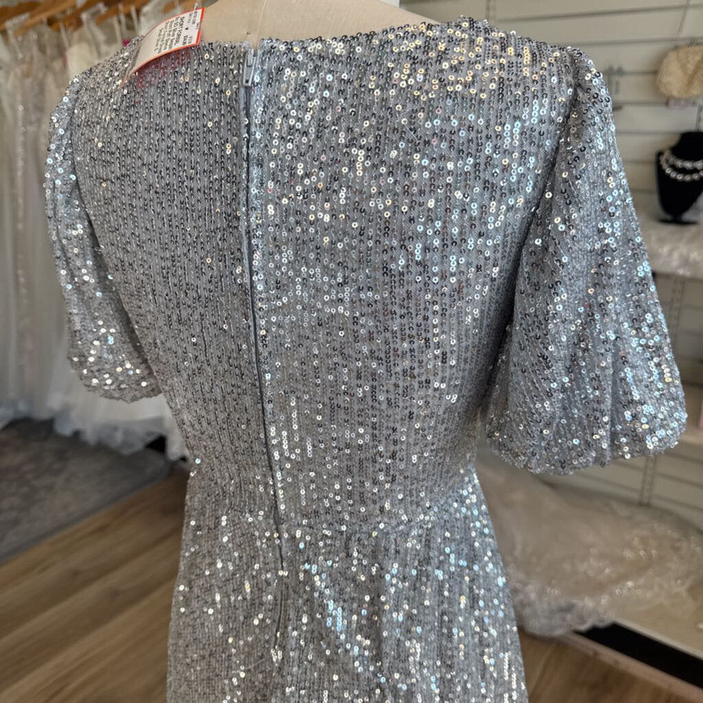 SO Silver Sequin Short Puff Sleeve Short Formal Dress Small
