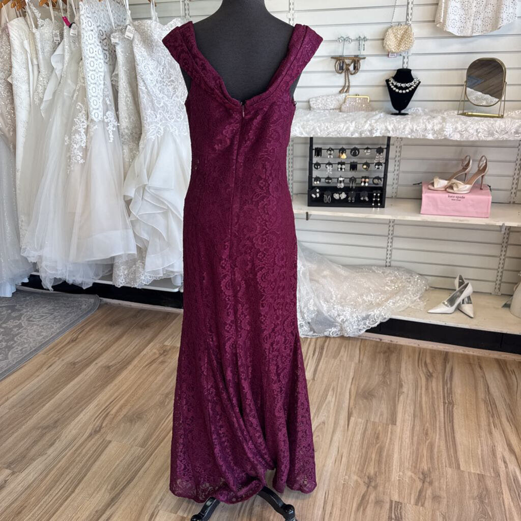 R and M Richards Burgundy Lace Off Shoulder Long Formal Dress 8