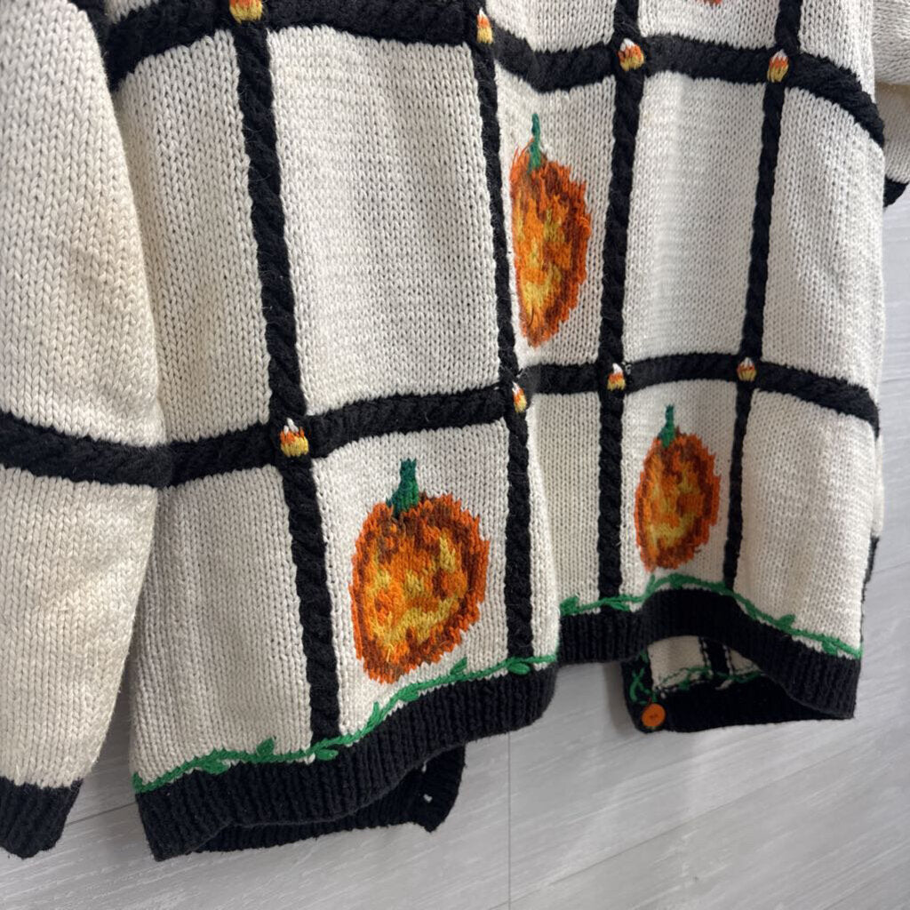 Vintage The Eagle's Eye White/ Multi Knit Pumpkin Cardigan Sweater Small