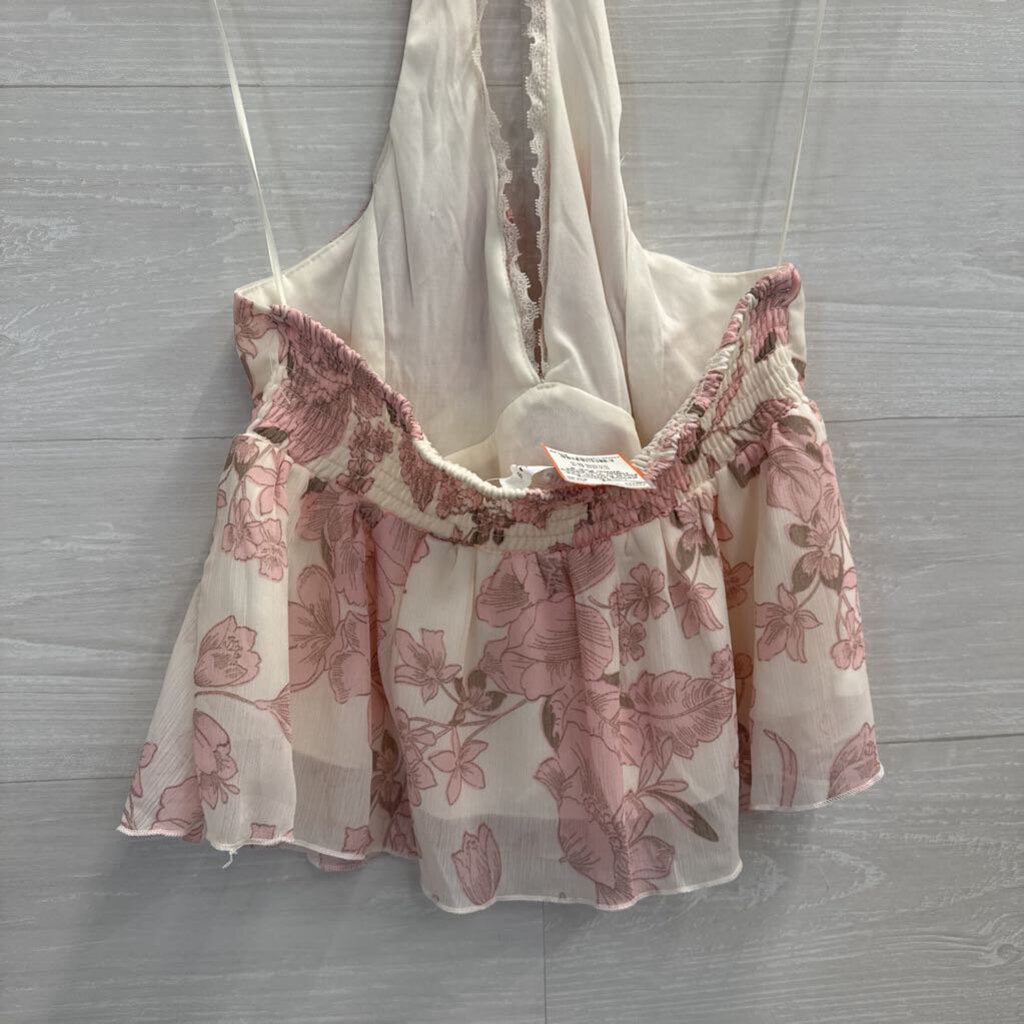 Kirious White/ Pink Floral Print Cropped Halter Top Small
