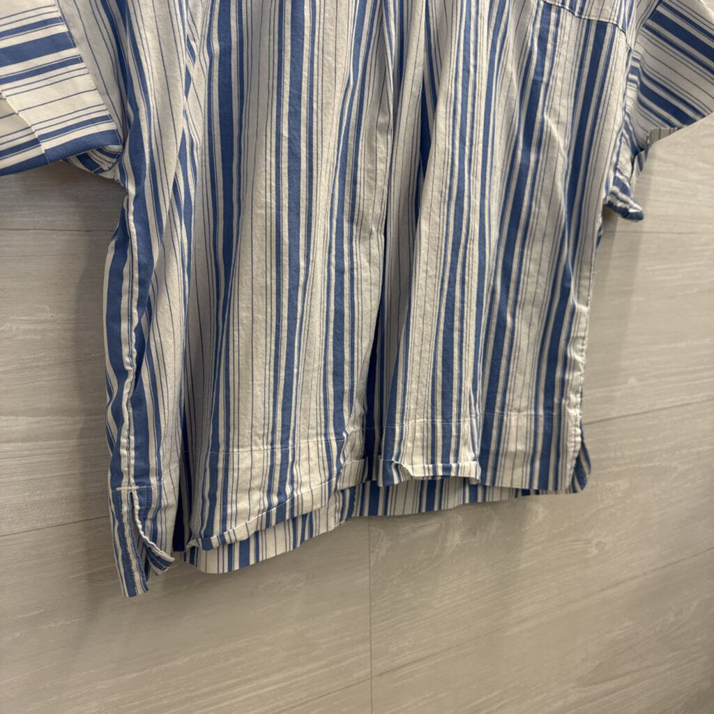 Loft White/ Blue Striped Cropped Short Sleeve Button Down Top Small