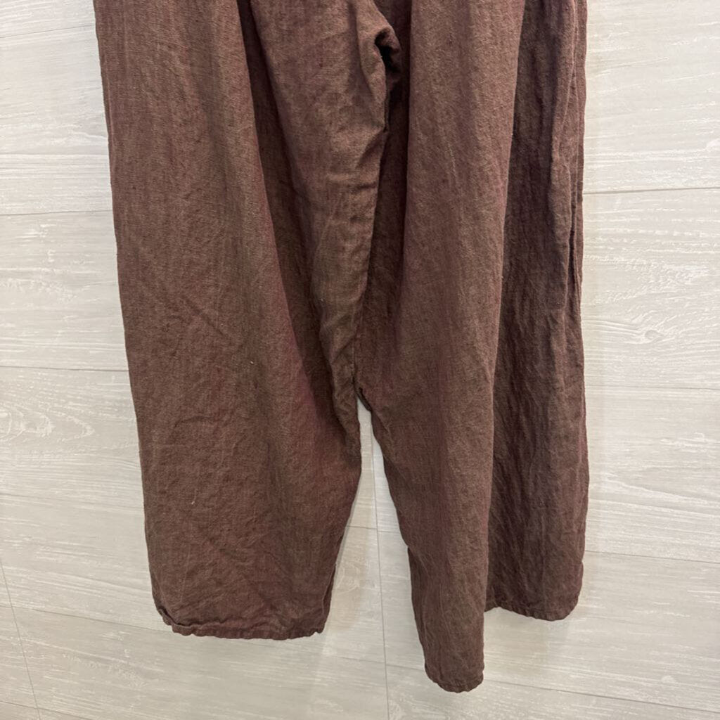 Flax Brown 100% Linen Wide Leg Pull On Pants Large
