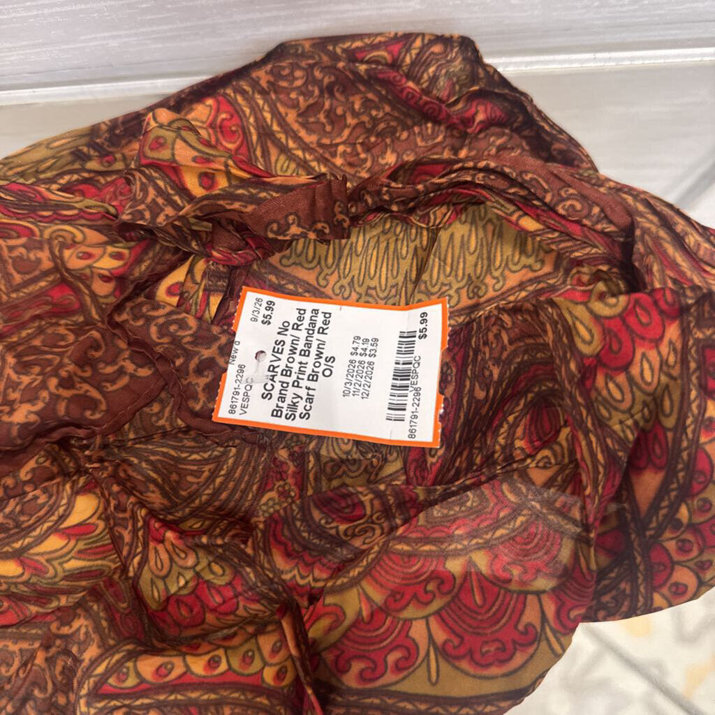 Brown/ Red Silky Print Bandana Scarf