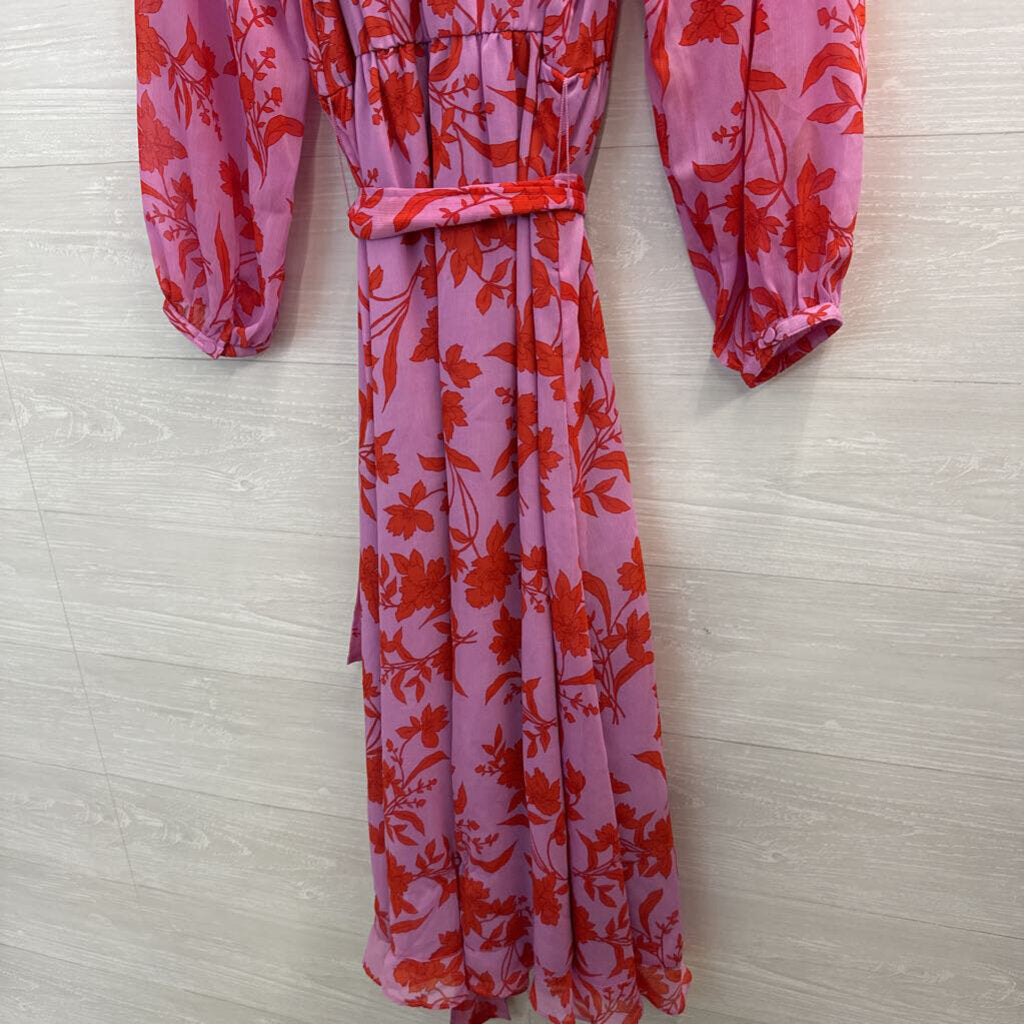 Ann Taylor Pink/ Red Print Long Sleeve Tie Waist Midi Dress 8 Tall