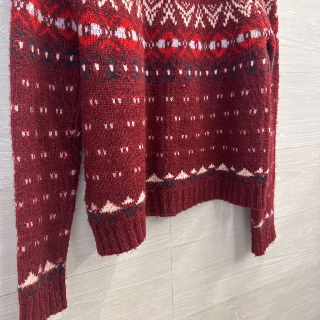 American Eagle Burgundy/ White Knit Fair Isle Mock Neck Sweater Small