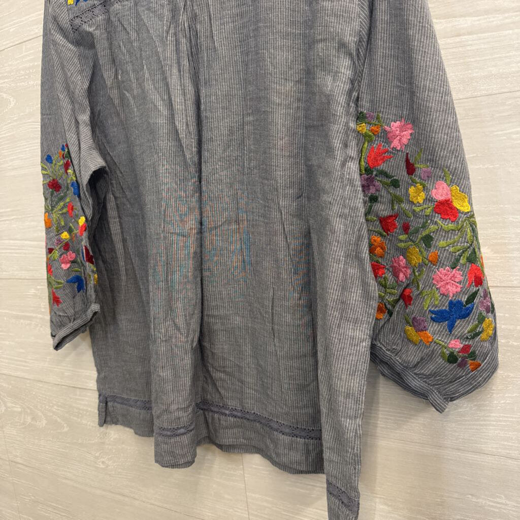 Anu Blue Striped Embroidered Floral Long Sleeve Top Extra Large