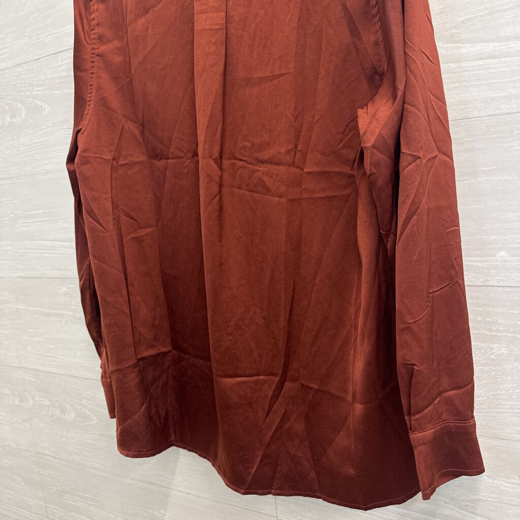 Olia Brown Silky Long Sleeve Button Down Top Large