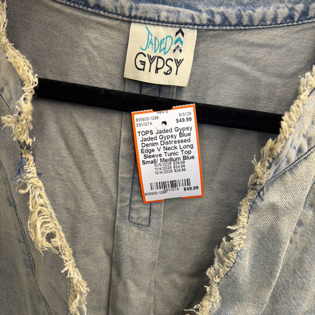 Jaded Gypsy Blue Denim Distressed Edge V Neck Long Sleeve Tunic Top Small/ Medium