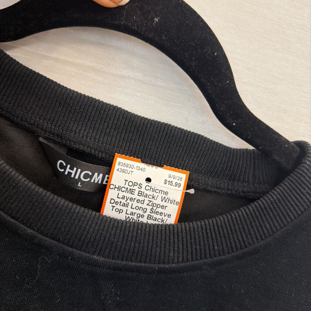 CHICME Black/ White Layered Zipper Detail Long Sleeve Top Large