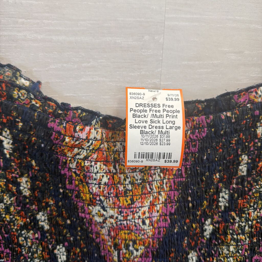 Free People Black/ /Multi Print Love Sick Long Sleeve Dress Large