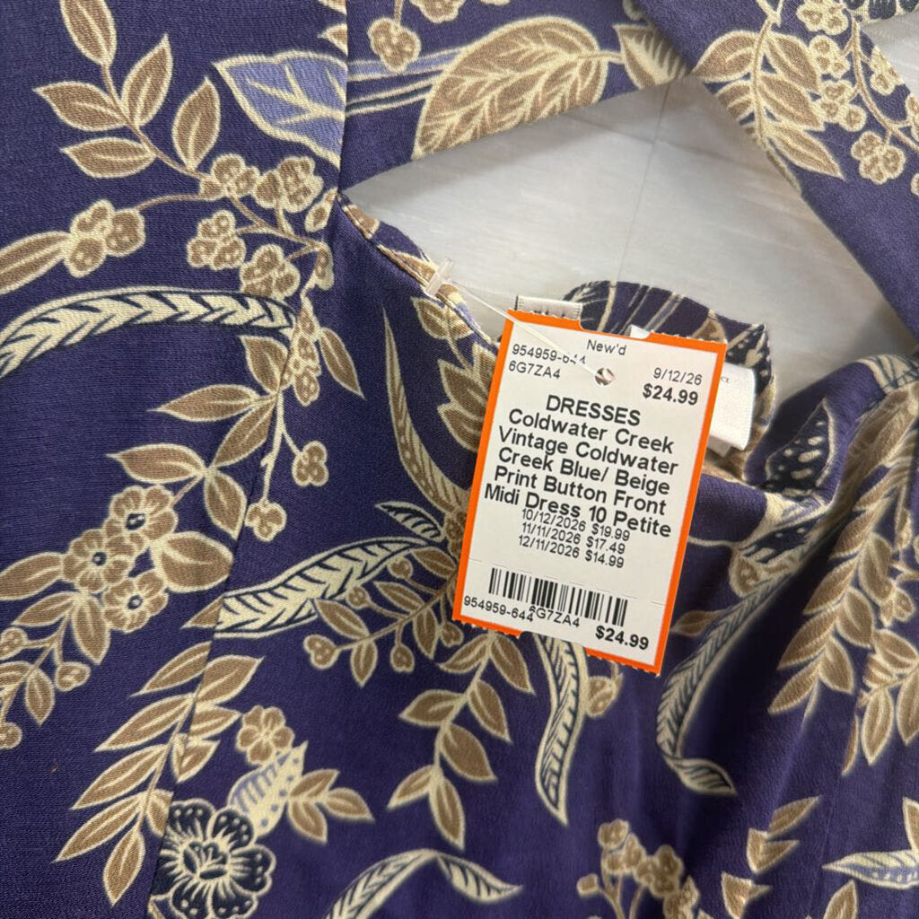 Vintage Coldwater Creek Blue/ Beige Print Button Front Midi Dress 10 Petite