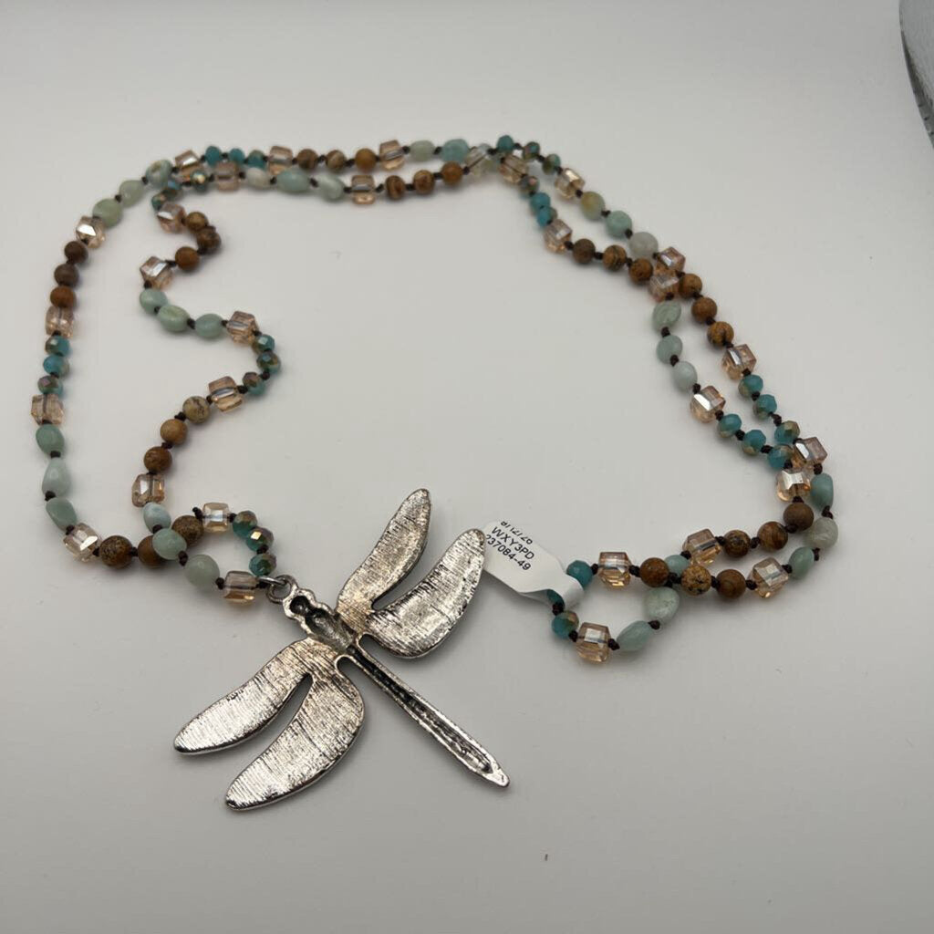 Silver/ Brown Beaded Dragonfly Pendant Long Necklace