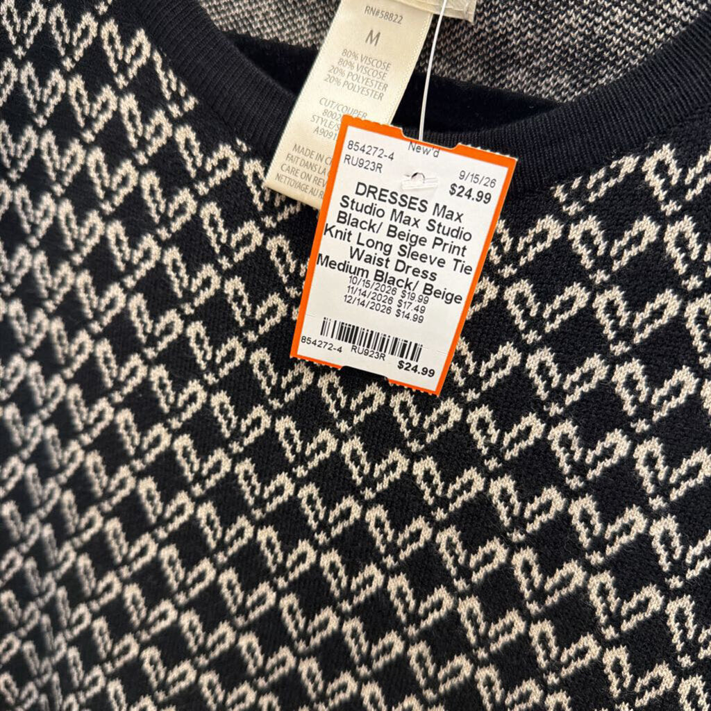 Max Studio Black/ Beige Print Knit Long Sleeve Tie Waist Dress Medium