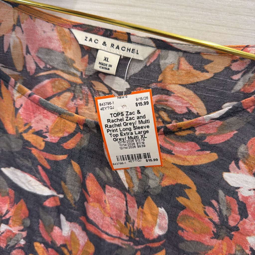 Zac and Rachel Grey/ Multi Print Long Sleeve Top Extra Large