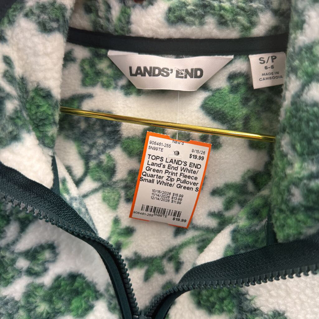 Land's End White/ Green Print Fleece Quarter Zip Pullover Small