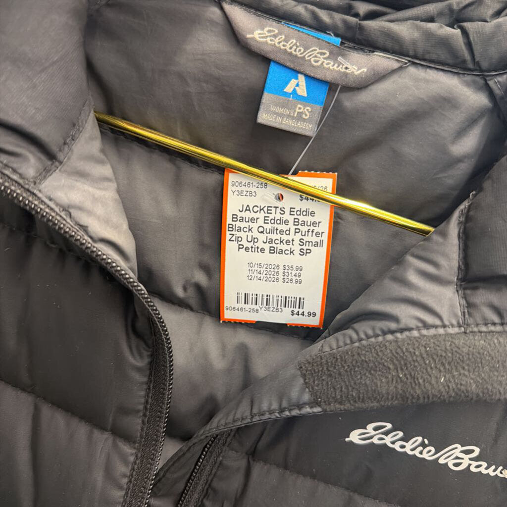 Eddie Bauer Black Quilted Puffer Zip Up Jacket Small Petite