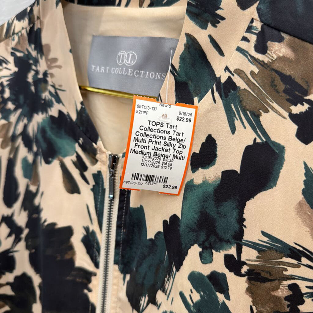 Tart Collections Beige/ Multi Print Silky Zip Front Jacket Top Medium