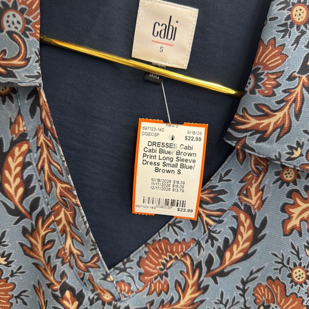 Cabi Blue/ Brown Print Long Sleeve Dress Small