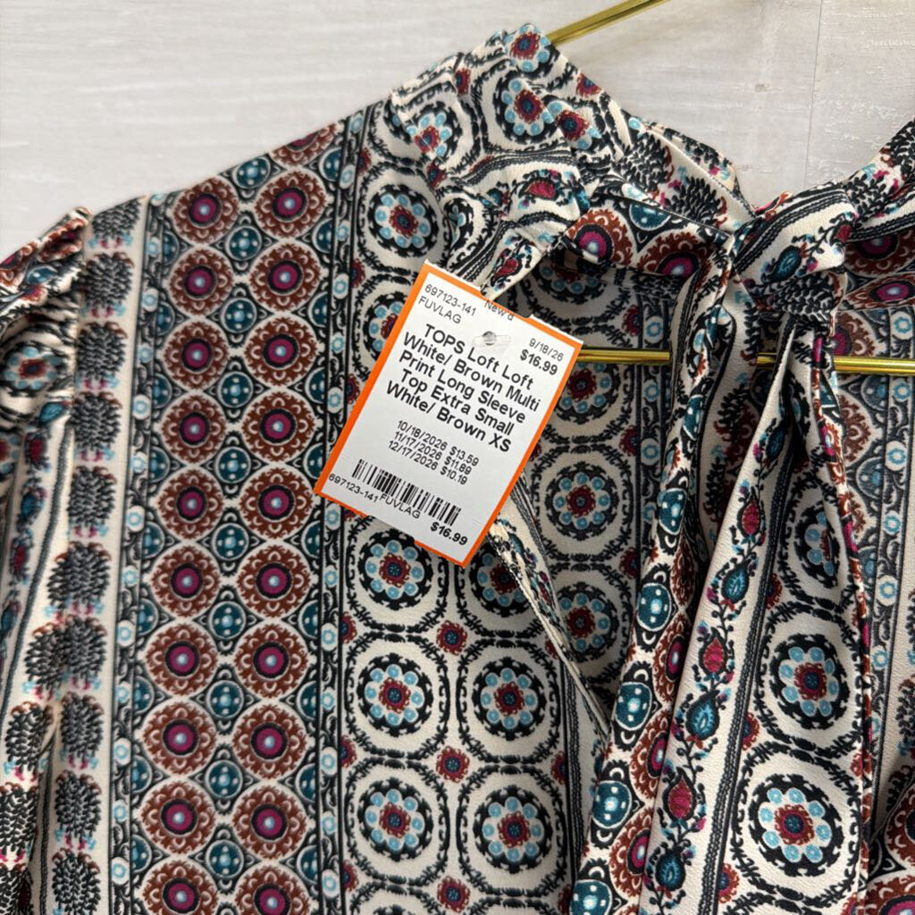 Loft White/ Brown Multi Print Long Sleeve Top Extra Small