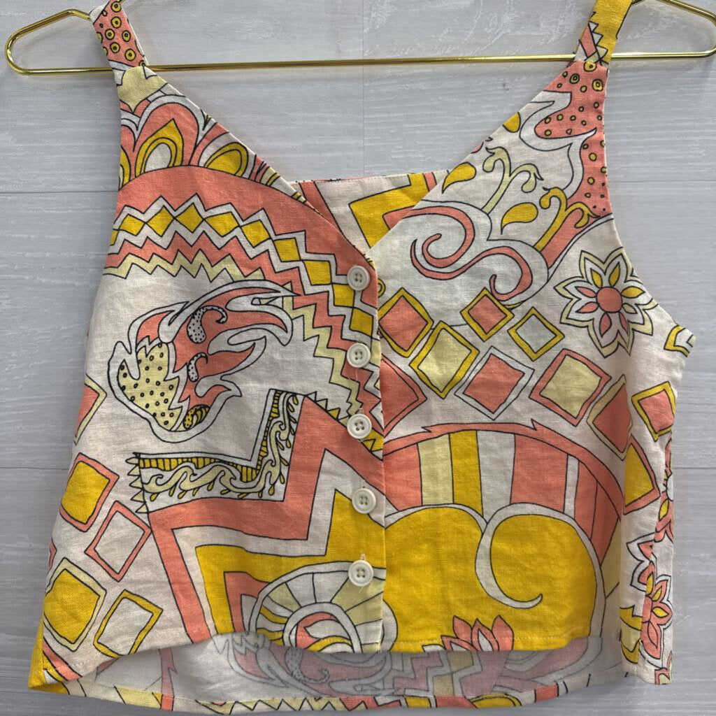 ModCloth Cream/ Yellow/ Pink Print Cropped Tank Top Extra Small