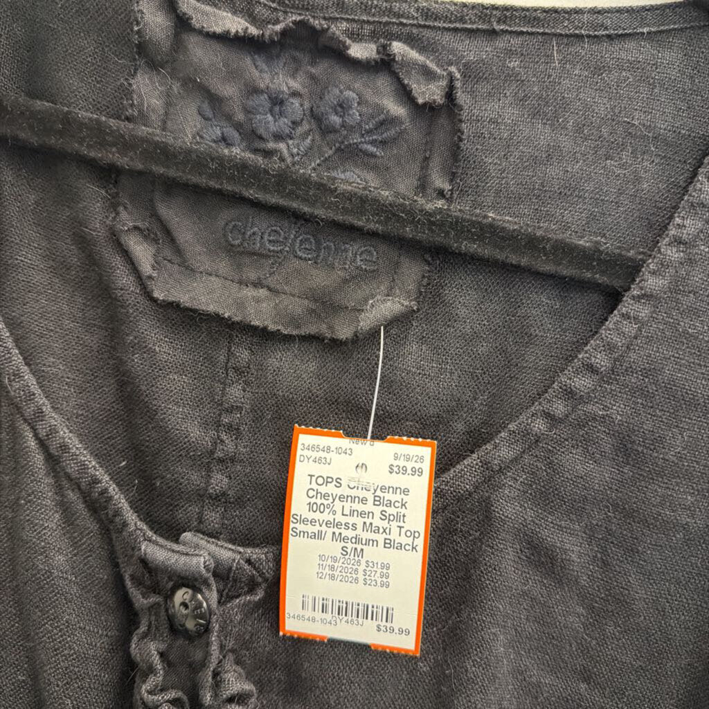 Cheyenne Black 100% Linen Split Sleeveless Maxi Top Small/ Medium