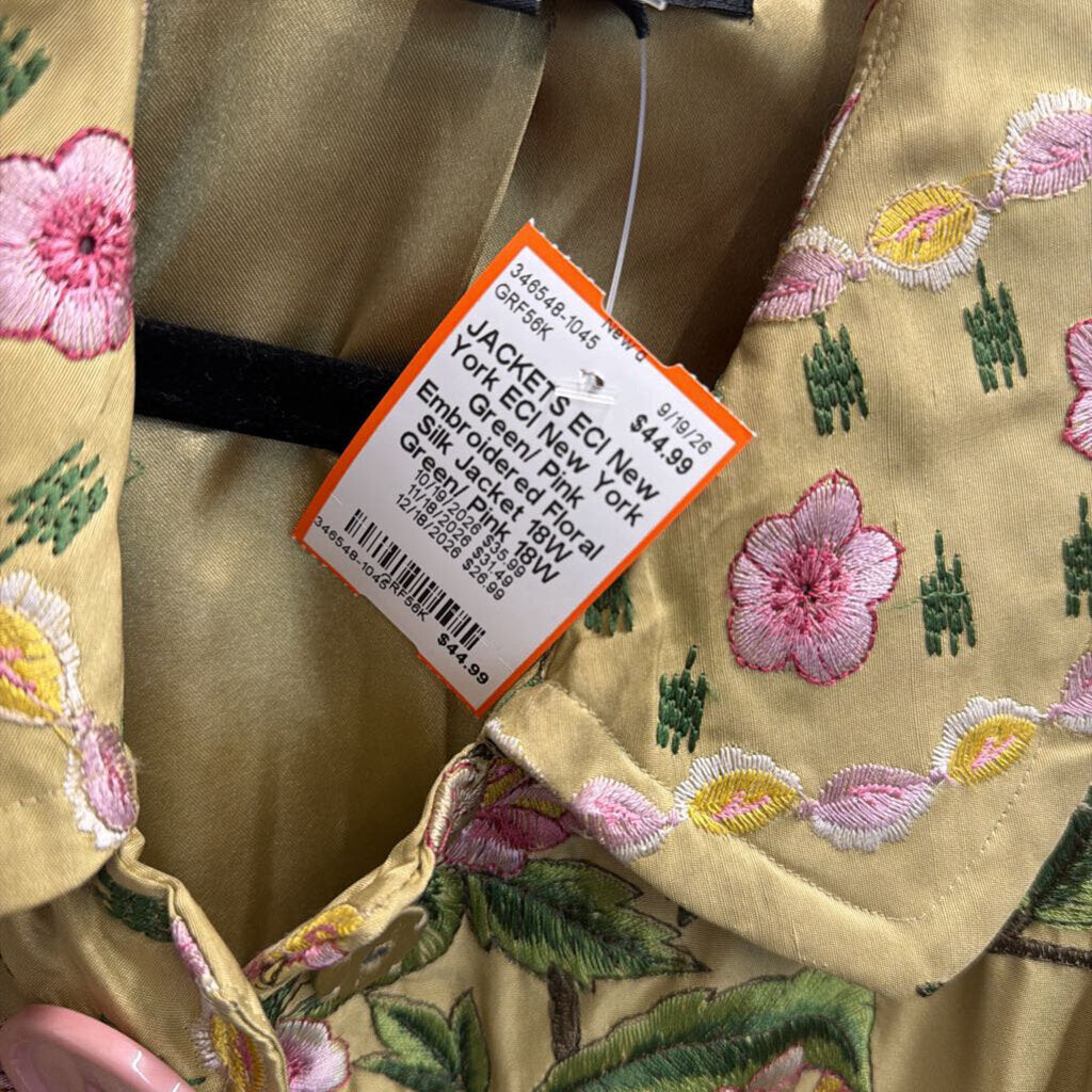 ECI New York Green/ Pink Embroidered Floral Silk Jacket 18W