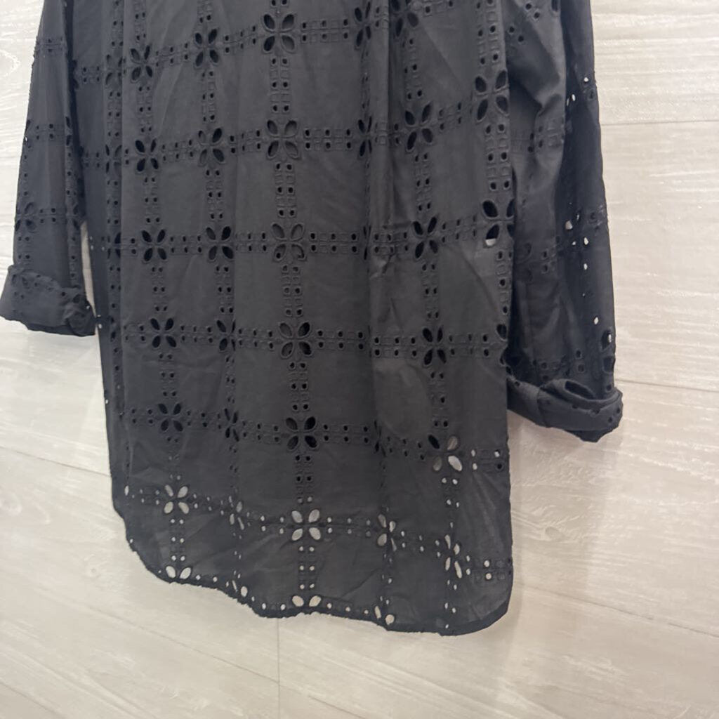 Loft Black Eyelet Long Sleeve Button Down Top Small