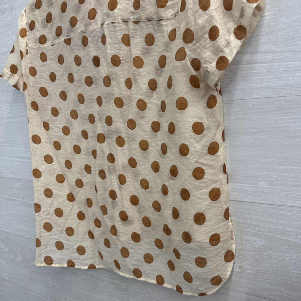 Cabi Cream/ Brown Polka Dot Short Sleeve Button Down Top Medium