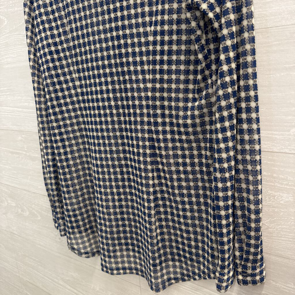 Cabi Blue/ White Print Sheer Long Sleeve Button Down Top Medium