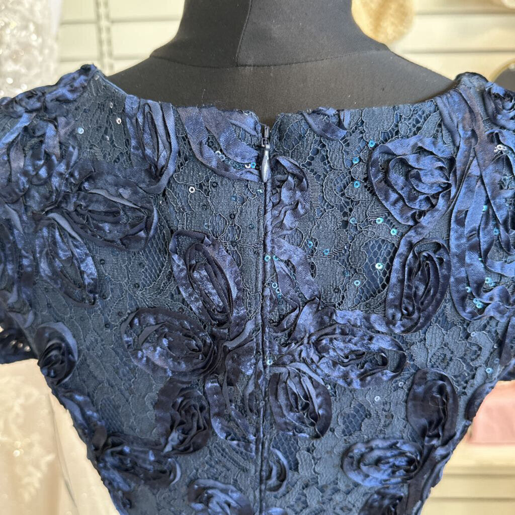 Alex Evenings Navy Rosette Lace Short Sleeve Long Formal Dress 6 Petite