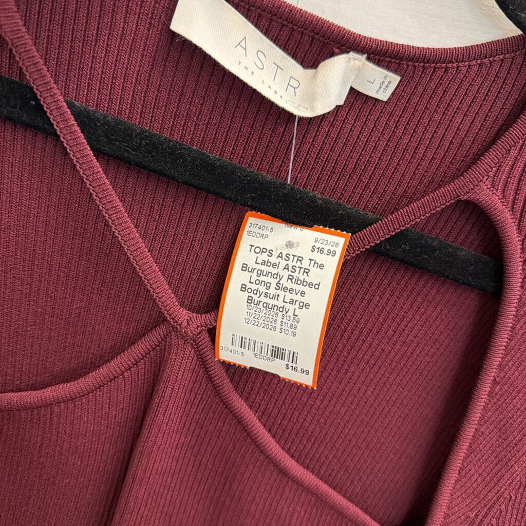 ASTR Burgundy Ribbed Long Sleeve Bodysuit Large