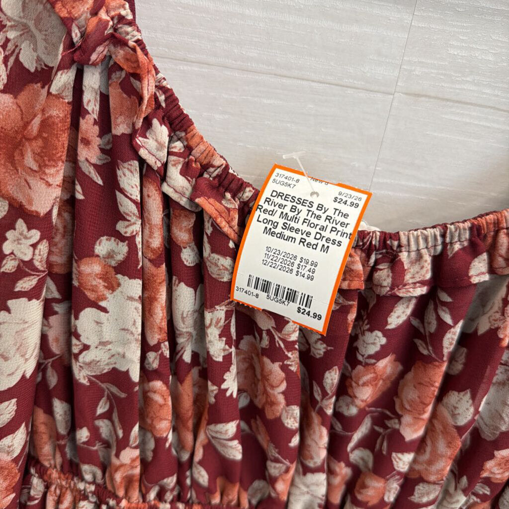 By The River Red/ Multi Floral Print Long Sleeve Dress Medium