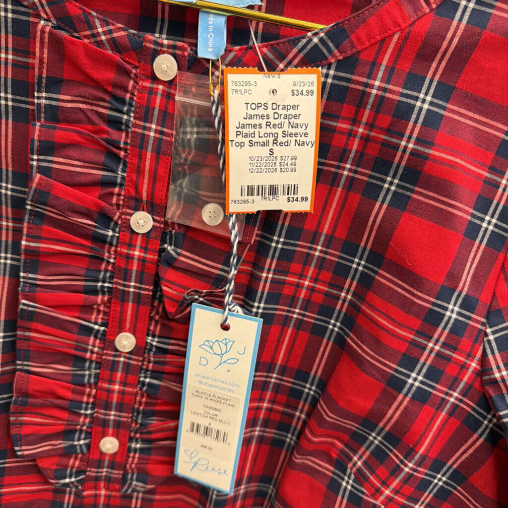 Draper James Red/ Navy Plaid Long Sleeve Top Small