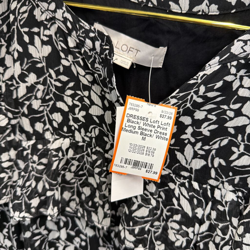 Loft Black/ White Print Long Sleeve Dress Medium