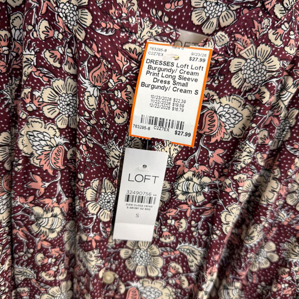 Loft Burgundy/ Cream Print Long Sleeve Dress Small