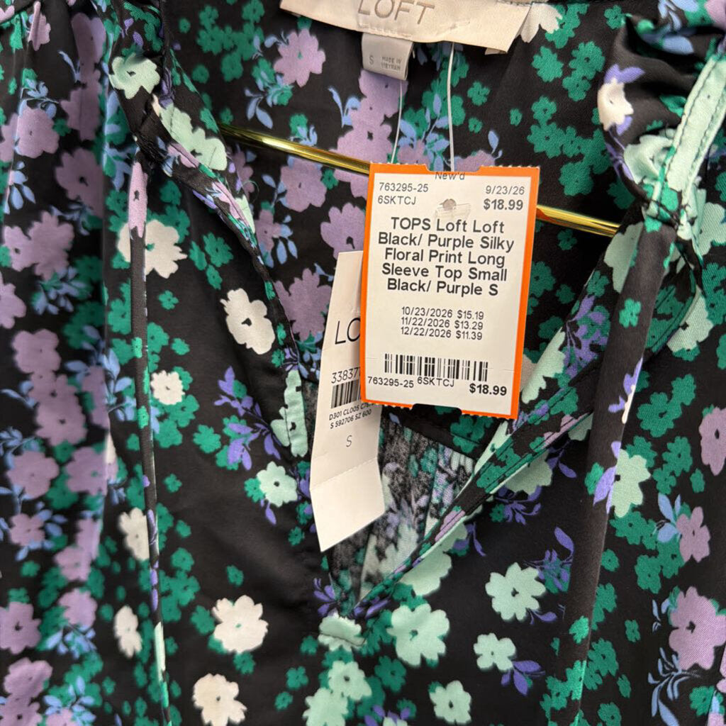 Loft Black/ Purple Silky Floral Print Long Sleeve Top Small