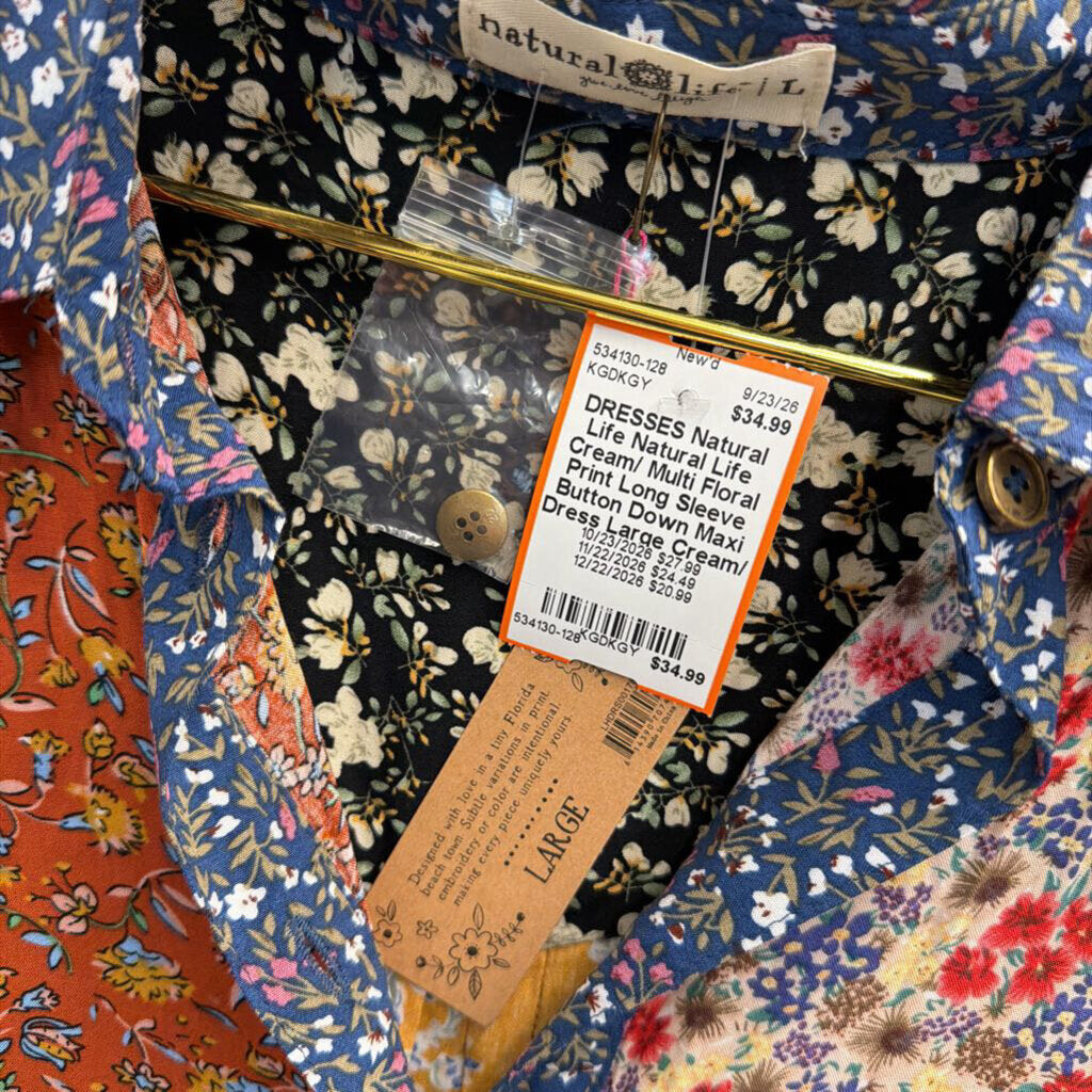 Natural Life Cream/ Multi Floral Print Long Sleeve Button Down Maxi Dress Large
