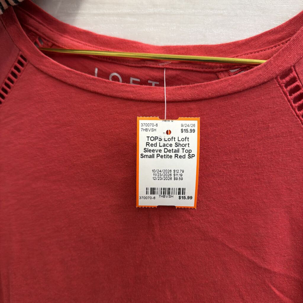Loft Red Lace Short Sleeve Detail Top Small Petite
