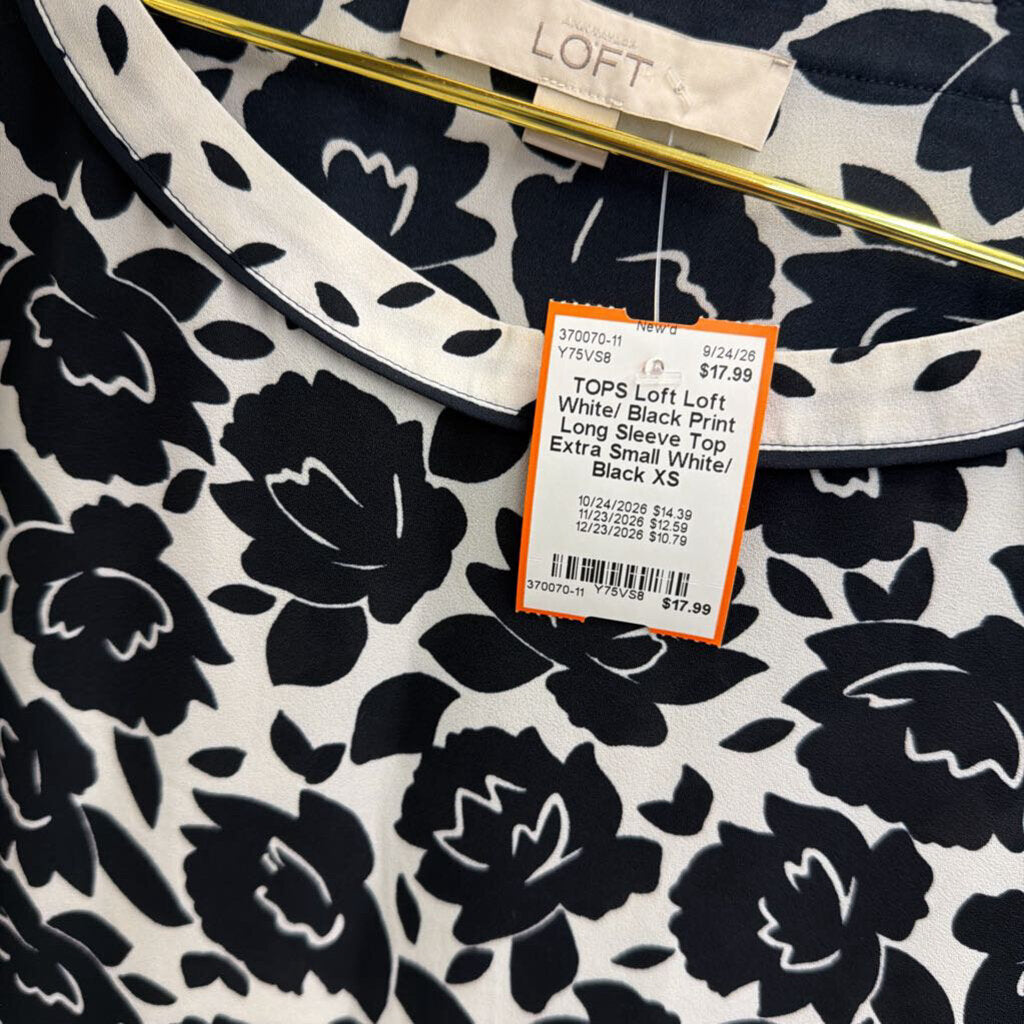 Loft White/ Black Print Long Sleeve Top Extra Small