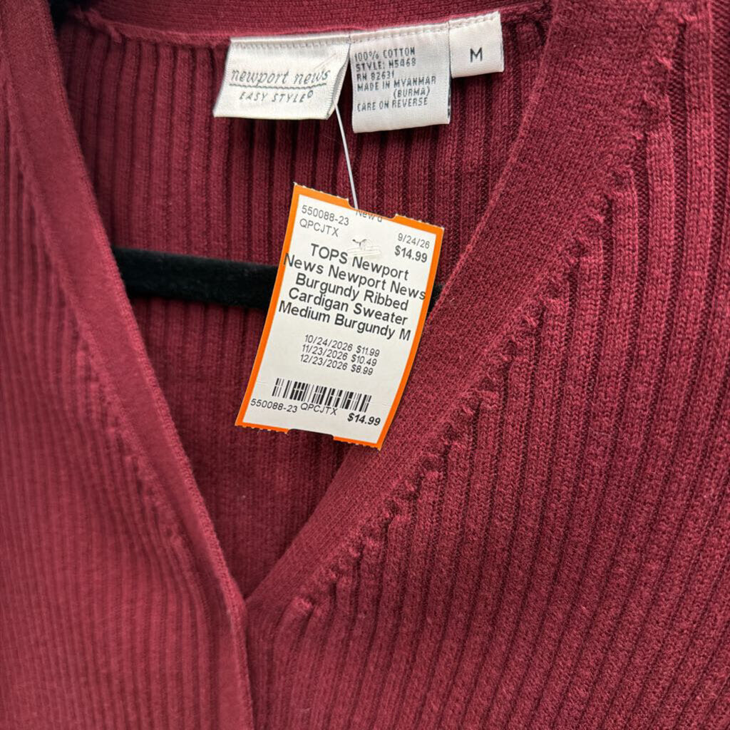 Newport News Burgundy Ribbed Cardigan Sweater Medium