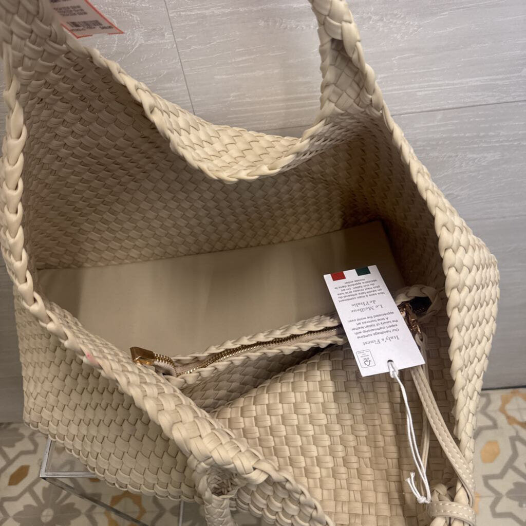 Cream Italian Leather Woven Slouchy Shoulder Purse