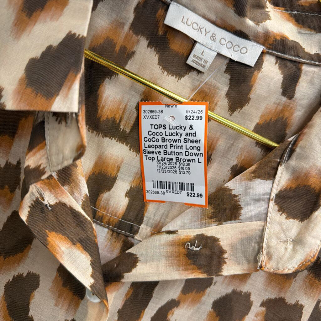 Lucky and CoCo Brown Sheer Leopard Print Long Sleeve Button Down Top Large