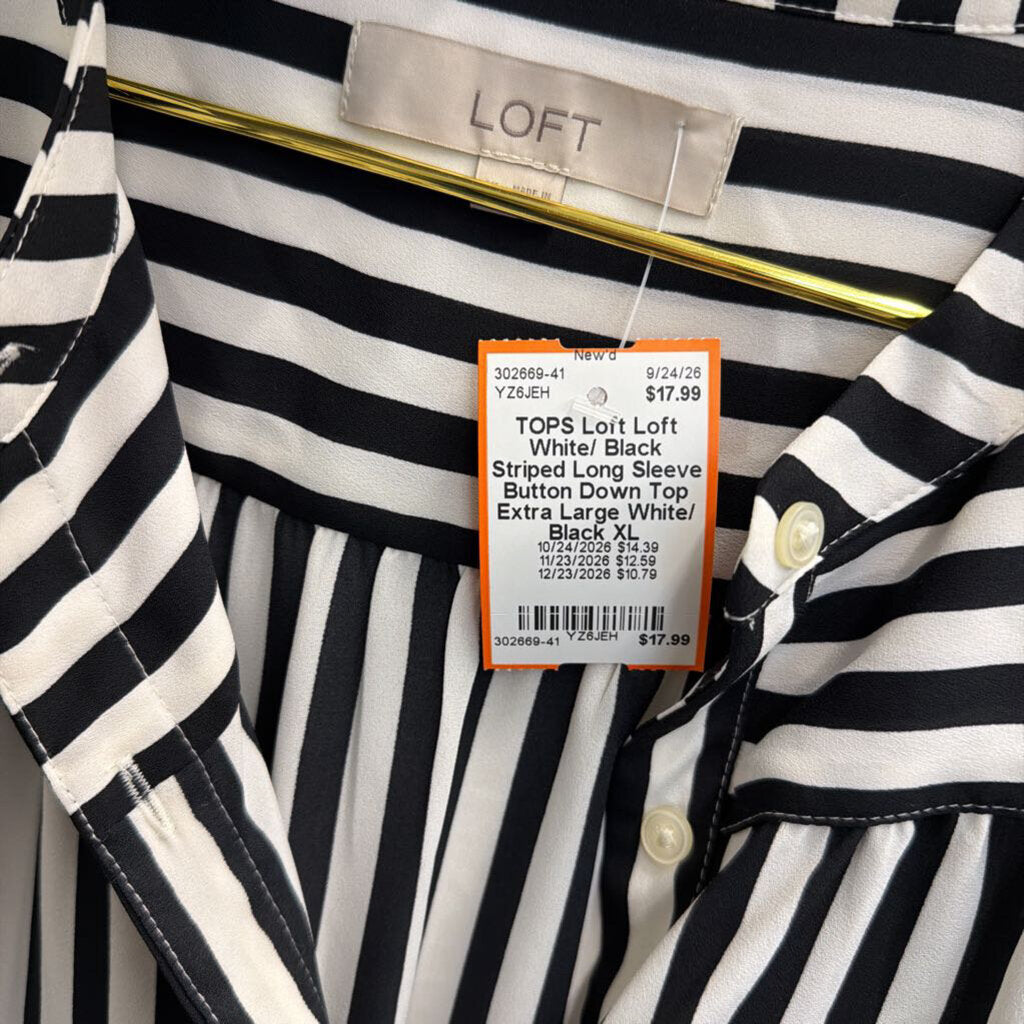 Loft White/ Black Striped Long Sleeve Button Down Top Extra Large