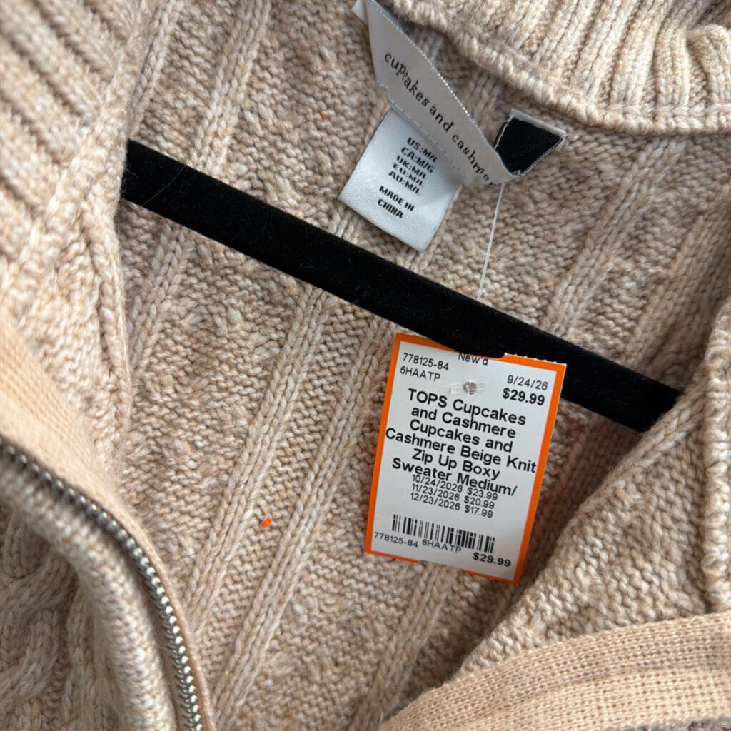 Cupcakes and Cashmere Beige Knit Zip Up Boxy Sweater Medium/ Large