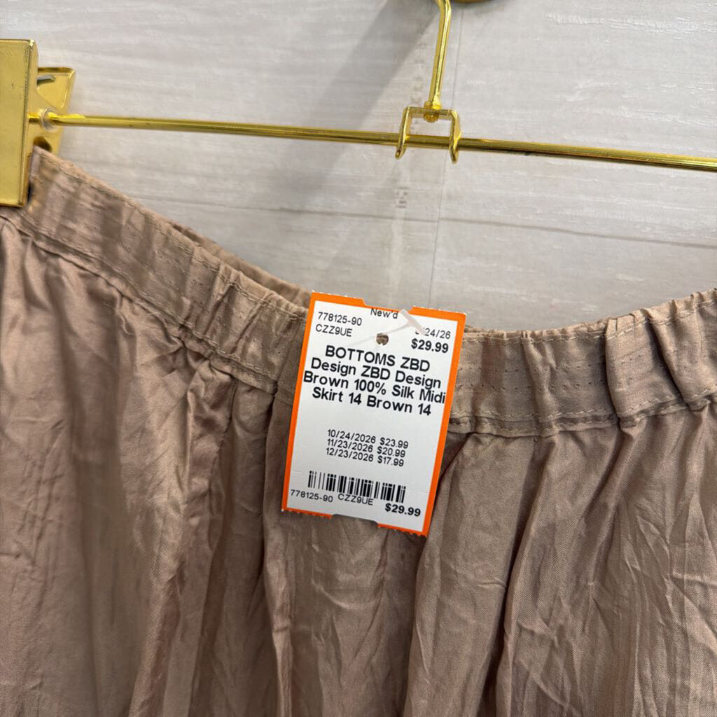 ZBD Design Brown 100% Silk Midi Skirt 14