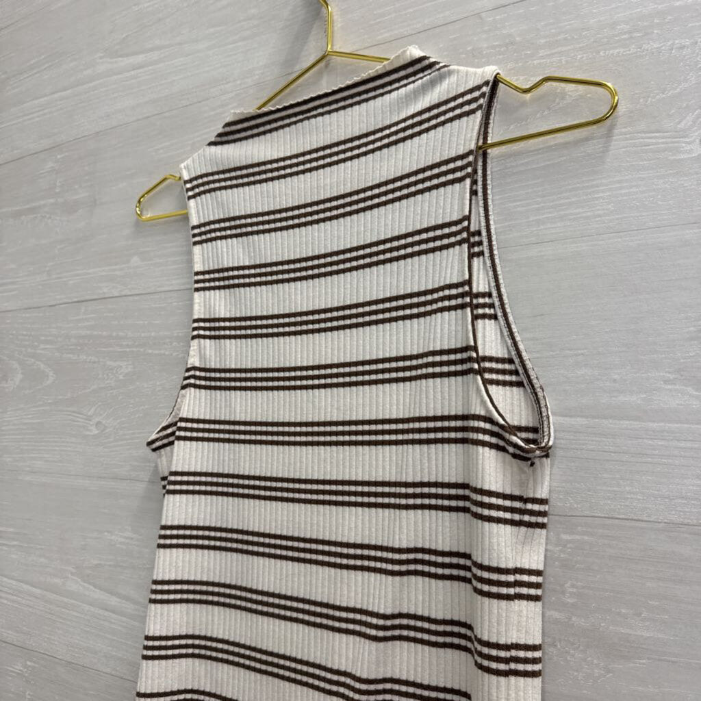 Maeve White/ Brown Striped Ribbed Sleeveless Top Large