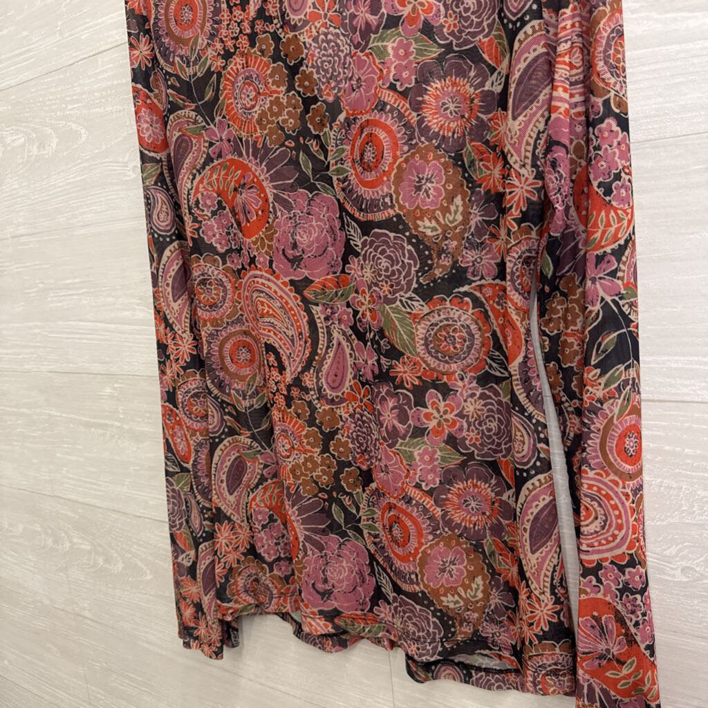 Natural Life Brown/ Multi Print Mesh Long Sleeve Button Front Top Extra Large