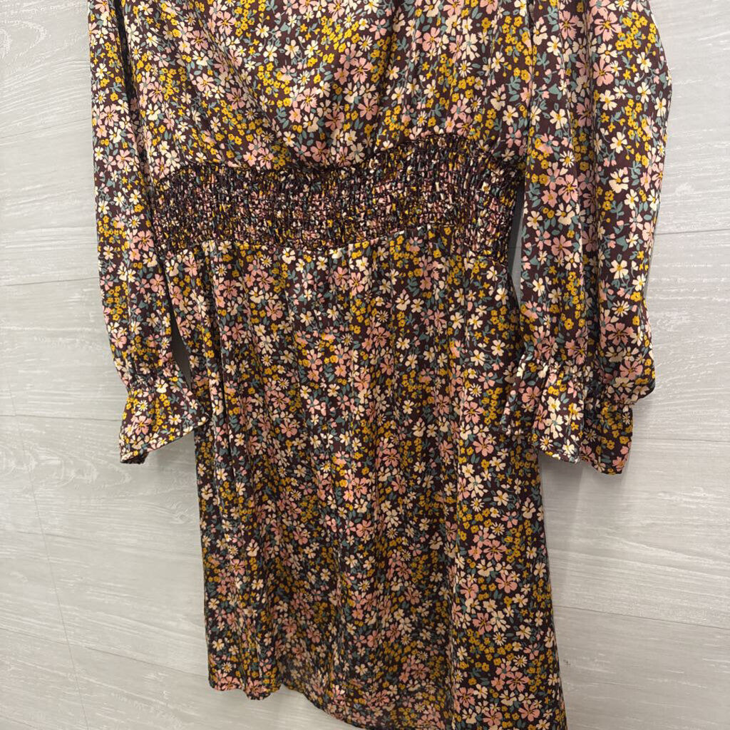 Heatherly Brown/ Multi Silky Floral Print Long Sleeve Dress Medium