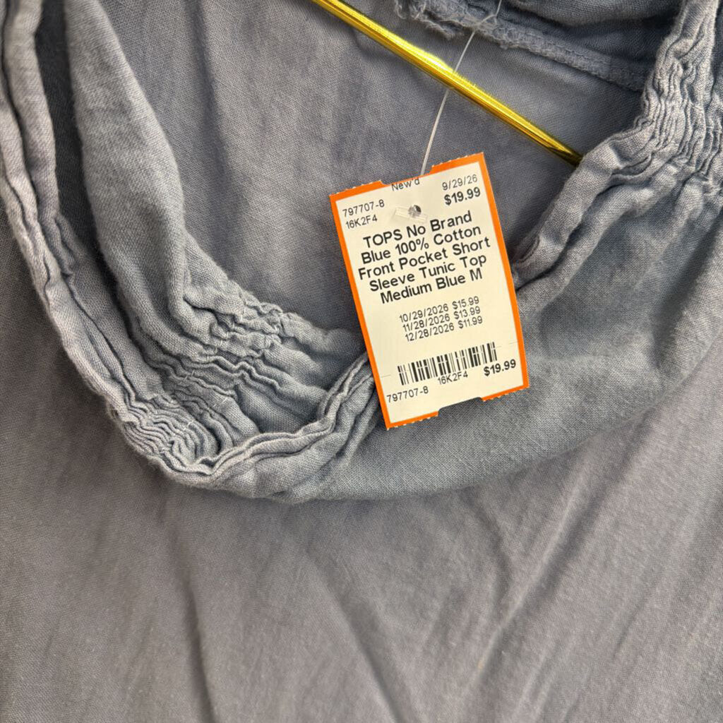Blue 100% Cotton Front Pocket Short Sleeve Tunic Top Medium