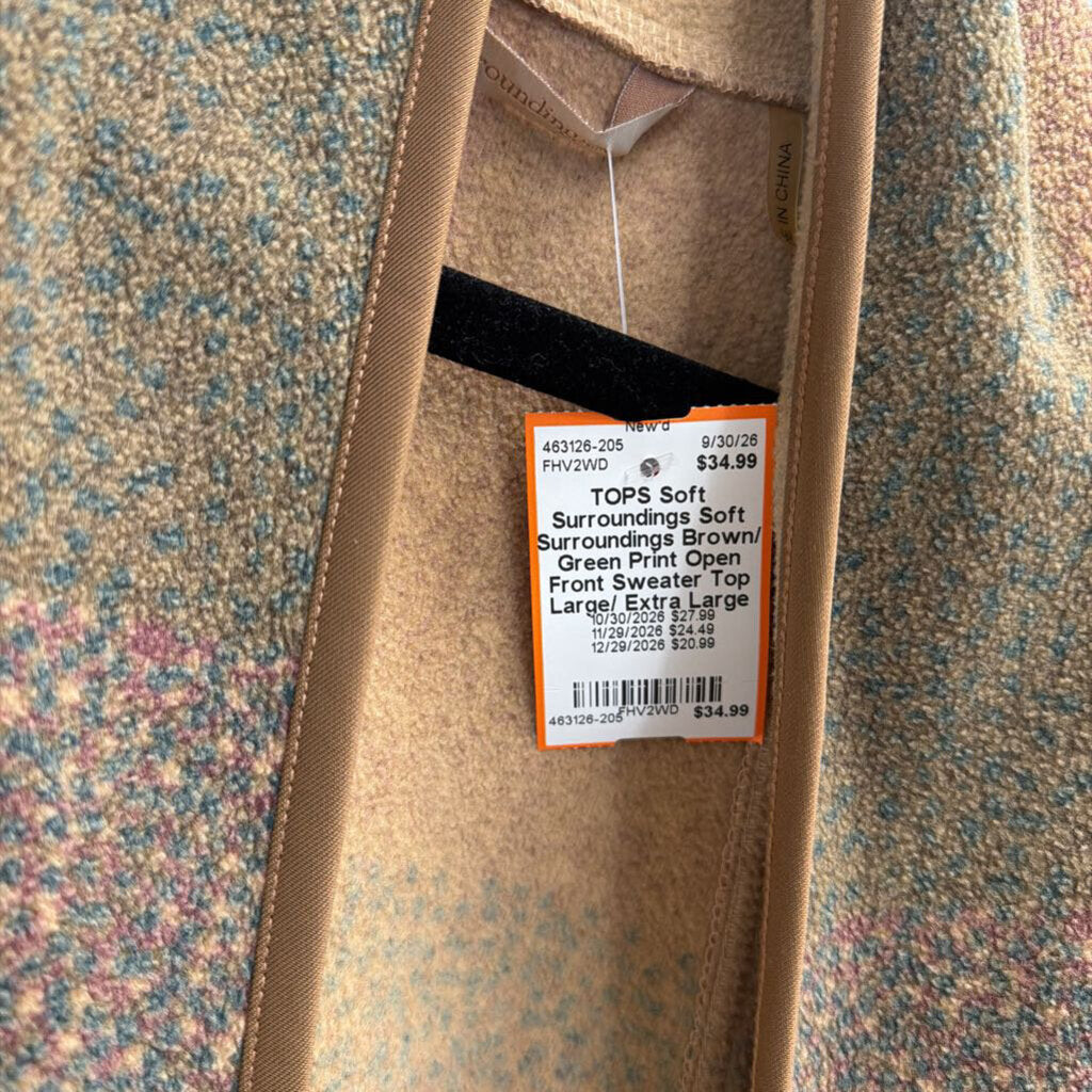 Soft Surroundings Brown/ Green Print Open Front Sweater Top Large/ Extra Large